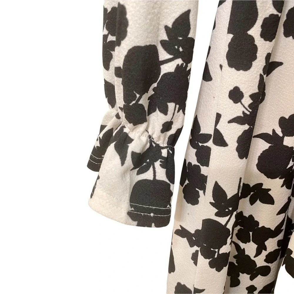 Homeyee Womens Black White Floral‎ Long Sleeve V-Neck Tie Waist Dress Size 6 M